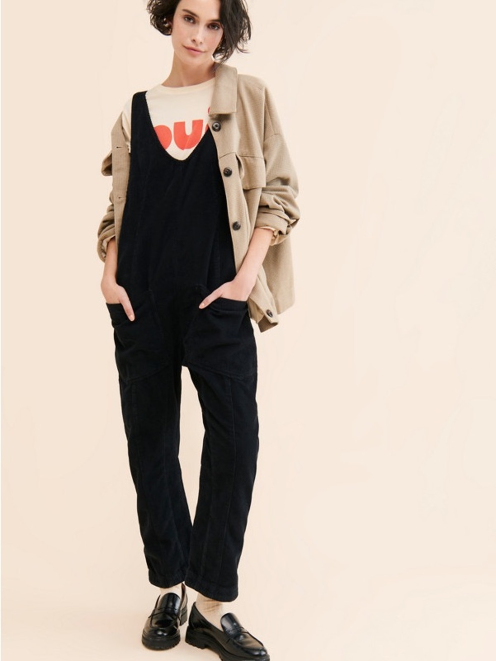 Free People We the Free High Roller Black Corduroy Jumpsuit Size Large